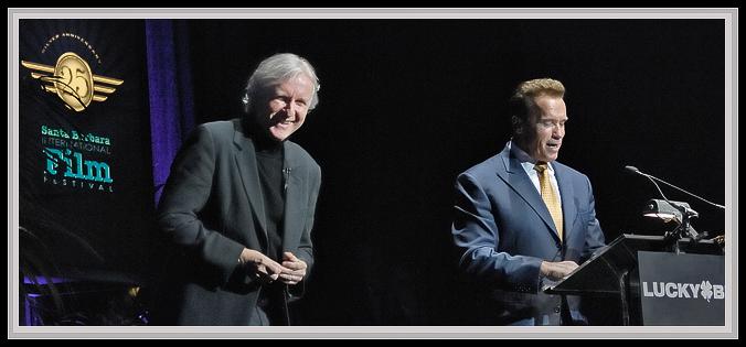 "Gov. Does Stand-Up"<br />'The Governor Does Stand-Up.'As funny here in Santa Barbara as he is in Sacramento, Gov. Schwarzenegger has his pal, James Cameron, in stitches