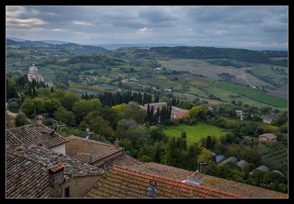 Montepulciano, Tuscany.The Sanctuary of the Madonna di San Biagio, built in the sixteenth century, is seen at left just outside the walled city.