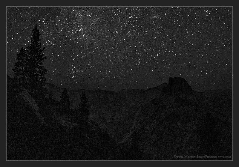 The seen and the nearly unseen insinuate their hypnotic magic deep into the recesses of the mind and make as one all who have ever and all who would one day still gaze upward with wonder and awe into the firmament... Enjoy this view conceived on a warm August night of Messier Object M31 (The Andromeda Galaxy) standing watch over Yosemite's monolithic icon, Half Dome.M31 is very near the top of the scene in the 11 o'clock position above Half Dome's "visor."August 11, 2013
