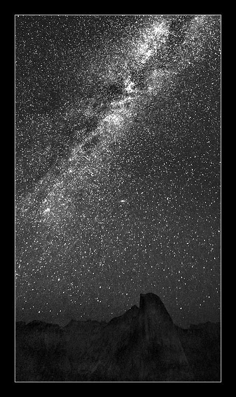 The Milky Way Galaxy (Earth's celestial home base) is an impressive sight in its own right - but is made more so when viewed from the grandeur of a majestic location like Yosemite National Park on a dark Summer's night. The silence is deafening as you view, or rather 'absorb' the cosmos. Its dust and "star stuff" infuse your being. Literally. Please enjoy this partial view of the Milky Way (it makes an arc across the entire sky) as we rotate beneath and within it, passing this night over Yosemite's Half Dome, as it has done each and every night for the nearly 5 billion years of planet Earth's existence. Note, also, that M31, better known as the "Andromeda Galaxy" is visible in the middle of the scene at the 11 o'clock position over Half Dome's "visor." August 10, 2013