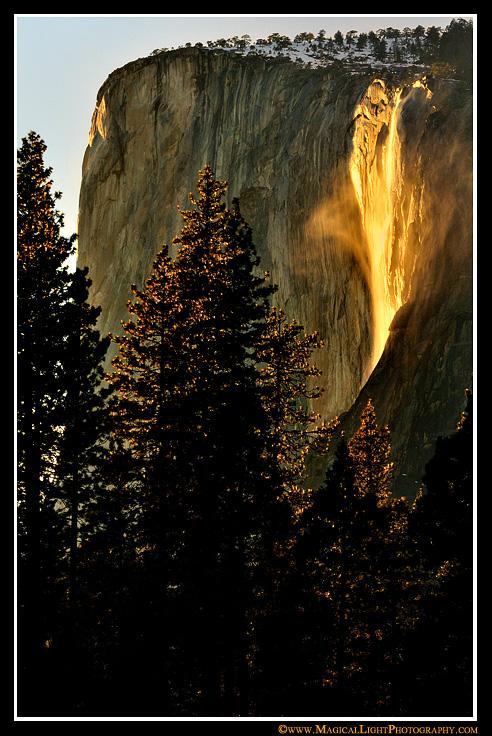 Forty-seven minutes before official sunset, windy updrafts create a swirling veil of mist on Horsetail Fall.